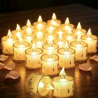 EHIOG 24 Stück LED Teelichter Flackernde, LED-Kerzen ohne offene Flamme,Kristall-LED-Teelichter, Batterien Enthalten für Valentinstag, Weihnachten,Hochzeitsjubiläen, Tischdekorationen