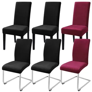 Samt Stuhlhussen 6er Set, elastisch, abnehmbar, für Esszimmerstühle, Schwingstühle, Freischwinger, 4x Schwarz + 2x Rot