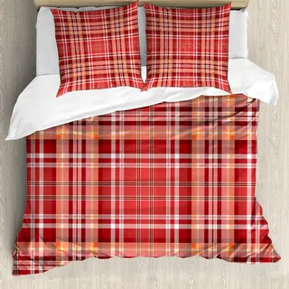 ABAKUHAUS Kariert Bettbezug Set, Rotes rosa orange kariertes Muster mit weißen Linien Zellen-Grafik, 155 x 220 cm + 80 x 80 cm, Dunkler Coral Orange Weiss