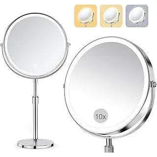 SURFOU 8-Zoll Kosmetikspiegel mit Beleuchtung, 10X/1X Vergrößerungsspiegel Doppelseitig - 360° Drehbarer & Abnehmbarer Tischspiegel für Makeup, Rasur, Badezimmer und Reise