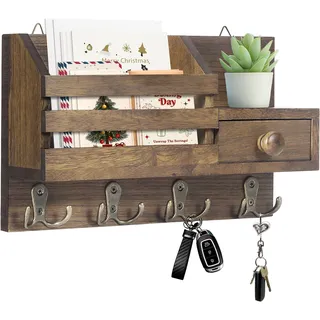 Irayin Schlüsselbrett Holz mit Ablage, Schlüsselhalter Holz mit 4 Doppel Haken und Aufbewahrungsschublade, Multifunktionales Schlüsselhalter für Eingangsbereich, Flur, Wohnzimmer, Büro - Braun