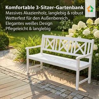 3-Sitzer Gartenbank aus Akazienholz, ca. 150 x 61 x 89 cm - Weiß - Weiß