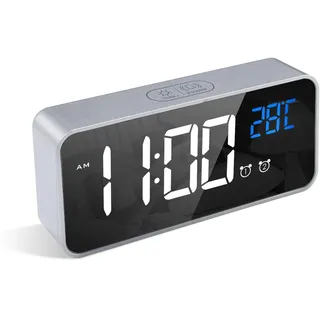 LATEC Digitaler Wecker mit Große LED Temperaturanzeige, Tischuhr mit 10 Musik, USB Ladeanschluss, 4 Helligkeit und Lautstärke Regelbar, Snooze, tragbarer Spiegelalarm mit 2 Alarmen, 12/24H, Silber