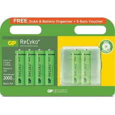 GP Batteries ReCyko Promo, 4+2 AA battery, with free Battery Organizer (Rechargeable) /201198 (6 Stk., AA), Batterien + Akkus