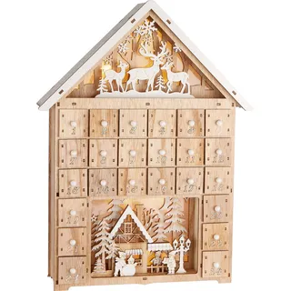 BRUBAKER Adventskalender zum Befüllen - Weihnachtshaus - 40 cm Weihnachtskalender aus Holz mit LED Beleuchtung - Haus Kalender Beleuchtet - Dorf - Hellbraun, Naturbelassen