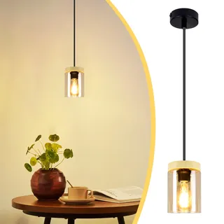 ZMH Pendelleuchte Schwarz Glas Esstisch 1 Flammig Holz Hängelampe Vintage Metall Pendellampe E27 für Esszimmer Küche Wohnzimmer Schlafzimmer - Schwarz