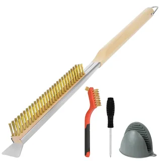OFFCUP Pizzaofen Bürste 56cm mit Stahlschaber und Kratzfeste Messingborsten Grillbürste, Holzgriff Pizzastein Bürste Set Grill Reinigungsbürste für Gasgrill Holzkohlegrill