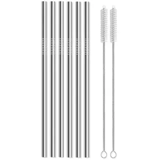 Set mit 8 Trinkhalmen für Getränke mit Reinigungsbürste – Wiederverwendbare Trinkhalme mit Zahnbürste, aus Metall, 23,5 cm, Silber