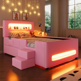 Gepolstertes Plattformbett (90 x 200 cm) mit Treppe, Schubladen, LED-Lichtleisten, USB und Aufbewahrungstaschen, Rosa