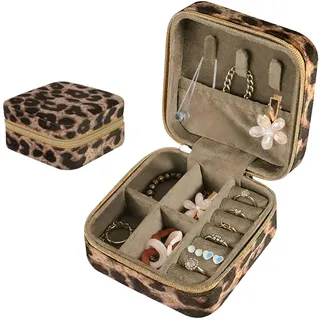 FOSDICK Schmuckkästchen Klein Schmuckaufbewahrung Leopardenmuster Schmuckkasten Reise Schmuckschatulle Samt Schmuck Organizer Schmuckbox Mini Schmuck Aufbewahrung Kleine Geschenke für Frauen Mädchen