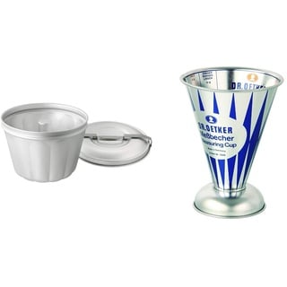 Dr. Oetker 2531 Wasserbadform Aluminium Ø 21 cm (Füllvolumen: 2,5 Liter), Menge: 1 Stück & Messbecher Nostalgie, Messkanne aus Weißblech (Maße: Ø11x14,5 cm), Menge: 1 Stück