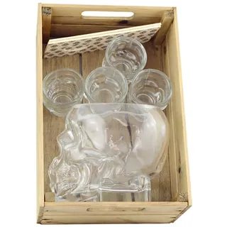 Hostelnovo - Innovatives Totenkopf-Set : Holzbox + 1 Tiki-Glas mit 600 ml in Totenkopfform + 4 Schnapsgläser 50 ml + 2 bedruckte Schnapshalter