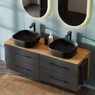 Waschtischunterschrank LUX 140 cm Gold Eiche / Anthrazit mit Waschbecken 42 cm Schwarz