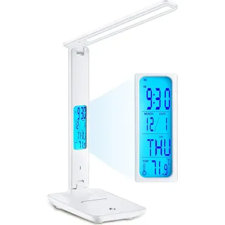 LED Schreibtischleuchte mit Thermometer und Uhr Schreibtischlampe Tischleuchte Leselampe Nachttischlampe Nachttischlampe Tischlampe Bürolampe Weiß Retoo - Weiß