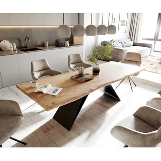DELIFE Esstisch Edge 260x100 Akazie Natur V-Gestell Flachstahl Schwarz Live-Edge - Hellbraun, Braun