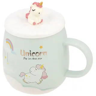 lachineuse – Einhorn-Tasse – Porzellan – 3D-Einhorn-Deckel und Besteck – 500 ml – Frühstück und Entspannungspause – Kaffee, Tee, heiße Schokolade – asiatische Geschenkidee – grüne Farbe