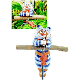Midene Gartenstecker Keramik Handgefertigt - Gartendeko für Draußen Wetterfest - Garten Deko Keramik - Gartenfiguren & Gartenstatuen - Katze Felix mit Fisch