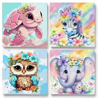 KQMGJYB 4 Stück Malen Nach Zahlen Kinder,Malen Nach Zahlen ab 6-7-8-9-10 Jahre Mädchen für Erwachsene,Geschenkideen Paint by Numbers Schildkröte Elefant Pferd Eule Home Deko Geschenk