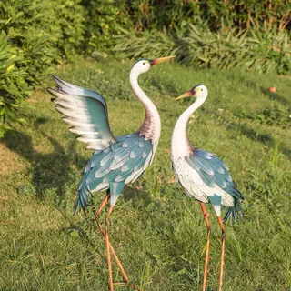 TERESA'S COLLECTIONS Gartendeko für draußen, Große Blaue Fischreiher Metall Gartenfiguren 2er Set 73.6/68.5cm, Reiher Teichfigure Vogelabwehr Dekofiguren für Fischteich,Geschenke für Frauen