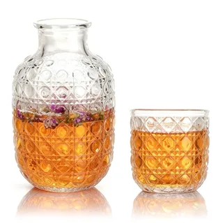 Vintage Nachttisch Wasserkaraffe und Glas Set 440ml Wasserkrug 150ml Tassen Kristall Wasserkaraffe Set Vintage Nacht Wasserkaraffes mit Trinkbecher für Schlafzimmer, Badezimmer (Weiß)