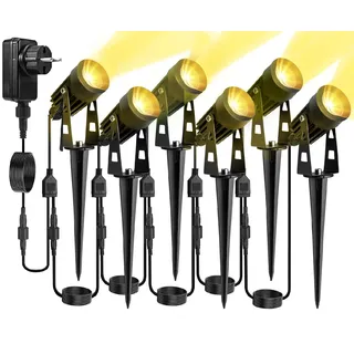 30M Gartenstrahler LED Erdspieß Wasserdicht 6er Gartenbeleuchtung mit Strom IP65 Wasserdicht Garten Spots LED Außen Gartenlampe 3000K Warmweiß COB Gartenleuchte Ideal für Außen Garten Rasen Gartenweg