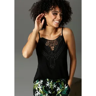 Spitzentop ANISTON CASUAL, Damen, Gr. 42, schwarz, Single Jersey, Obermaterial: 100% Viskose. Spitze: 100% Polyester, unifarben, figurumspielend Po-bedeckend, Tops Spitzentop, mit verstellbaren Spaghetti-Trägern