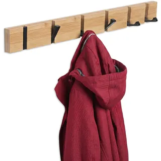 Relaxdays Garderobenleiste, 6 klappbare Haken, Bambus, Metall, HxBxT: 5 x 60 x 1,5 cm, Flur Kleiderhaken, Natur/schwarz