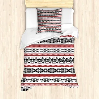 ABAKUHAUS nordisch Bettbezug Set, Skandinavische Art-norwegische dekorative Winter-Motiv-Schattenbilder traditionell, 135 x 200 cm + 80 x 80 cm, Rubin Schwarz Weiß