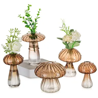 Glasseam Pilz Kleine Vasen für Deko: Süß Glas Vase Geschenk für Mama Freunde Pflanze Liebhaber - Mini Braun Blumenvase Klein Propagation Station für Home Wohnzimmer Esstisch Fensterbank