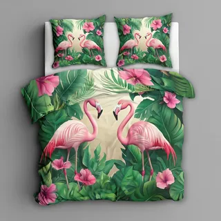 Generisch Mikrofaser Bettwäsche 140x200 Flamingo 2tlg - Tropische Blätter Palmen Wendebettwäsche Deko, Weiche Bügelfreie Bettbezug mit Reißverschluss, 1 Kissenbezug 70x90 AA7
