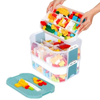 Kinder Aufbewahrungsbox für Lego Bausteine Aufbewahrung mit Deckel Kunststoff Aufbewahrungsboxen Organizer 2 Stufen Stapelboxen Staubox Ordnungsboxen Trennbare Sortierbox Spielzeugkiste Kinderzimmer