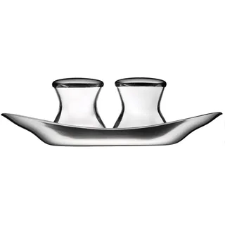 WMF Wagenfeld Streuer Set 3-teilig, Max und Moritz, Salzstreuer mit Teller, Salz und Pfefferstreuer, Glas, Cromargan Edelstahl mattiert, spülmaschinengeeignet