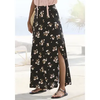 Maxirock VIVANCE "mit Schlitz vorne seitlich und Blumendruck", Damen, Gr. 34, schwarz (schwarz, koralle bedruckt), Jersey, Obermaterial: 100% Viskose, bedruckt, lang, Röcke Maxirock, langer Sommerrock, luftiger Jerseyrock, bequemer Rock mit Gummibund, Topseller