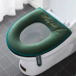 2 Stück dickere Badezimmer-Toilettensitzbezüge mit Griff, WC-Deckelbezug, Kissen, weich, dicker, waschbar, passend für alle ovalen WC-Sitze, Grün - Grün