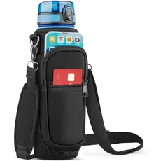 EcoEarth Wasserflaschen-Tragetasche (schwarz), Flaschentaschenhalter mit verstellbarem Schultergurt und 2 praktischen Taschen, Trinklösung für Wandern und Laufen