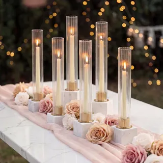NUPTIO Kerzenständer Gold Glaszylinder für Kerzen: Kerzenhalter Stabkerzen Glas Stabkerzenhalter Ohne Boden Goldene mit Glasaufsatz Windlicht Glas Hochzeit Weihnachten Advent Kamin Tisch