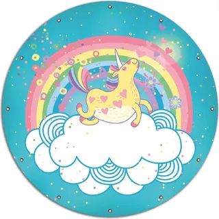 Wallario rundes Outdoor-Poster für Garten oder Balkon, Motiv Lustiges Einhorn auf einer Wolke vor Regenbogen, 120 cm Durchmesser - Türkis