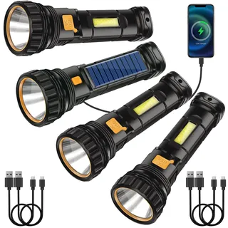 Solar LED Taschenlampe, USB Wiederaufladbar Solar Torch, LED Taschenlampe mit 3 Modi, LED Stroboskop Wasserdicht Taschenlampe, Taschenlampen Lampe Ideal Für Angeln, Notfall, Outdoor (4 packs)