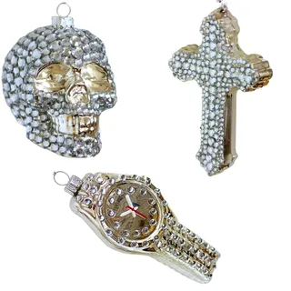 Dekohelden24 Lauschaer Christbaumschmuck - 3er Set Glas Juwelen - Kreuz,Totenkopf und Uhr, Christbaumkugeln Lauscha, Glaskugeln, Weihnachtsbaumkugeln, Glasornamente aus Lauscha, von 8 bis 13 cm.