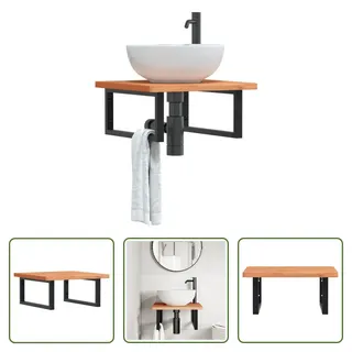 The Living Store Waschbeckenregal Wandmontage Stahl und Massivholz Buche - Braun