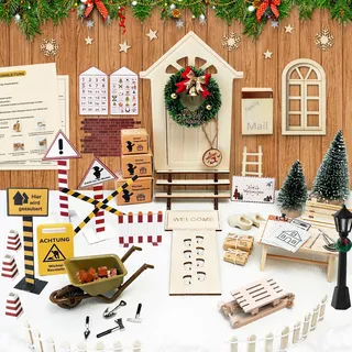 ROLLWAY 90 Stück Miniatur Wichtel Zubehör Baustelle Set, Weihnachten Wichteltür Zubehör Komplettset Weihnachtswichtel Zubehör Wichtelhaus Wichteltüren Komplett, Wichtelbaustellen Feentür Holz Tür