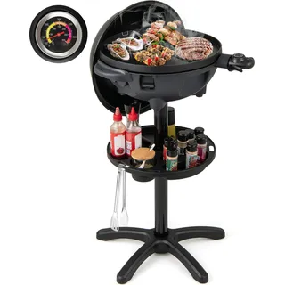 COSTWAY 2in1 Tischgrill & Standgrill, Elektrogrill 1200W mit 2-Zonen Grillplatte, Gewürzablage & Standfuß, 180°C-270°C, Antihaftbeschichtung - Schwarz