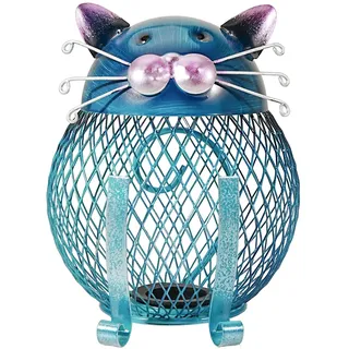 Mloarts Sparschwein für Erwachsene, 15,5 cm, blaues Metall-Sparschwein mit Netz für Münzsammlung, niedliche Katzen-Sparschwein zum Verschenken, handgefertigt, geeignet zum Sparen von Münzen
