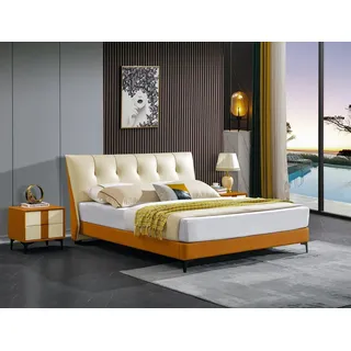 Luxus Lederbett Bett Doppel Ehe Polster Hotel Komplettes Set Nachttische Betten - Beige