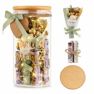 XPJBKC Hochzeitsgeschenke für Brautpaar, LED Flaschenlicht Spardose | Just Married-Hochzeitsgeschenk mit Trockenblumen, Anhänger und Card, Geldgeschenk Hochzeit für Männer Frauen Get Married