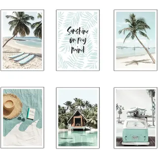 Set mit 6 Holzbildern, Dekoration für modernes Wohnzimmer, Schlafzimmer, Zimmer, Landschaft, Strand, Natur mit Metallaufhängern (29 x 20 cm je Bild)