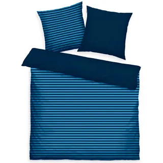 Tom Tailor Renforcé-Bettwäsche, 2*80x80 cm + 200x220 cm, 100% Baumwolle/ Renforcé, mit Wendemotiv und farbigem Markenreißverschluss, MEDIUM STRIPES Blau (Dark Navy & Cool Blue)