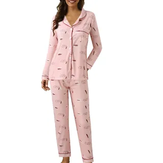 Generisch Pyjama Damen - Langarm Revers Knopfleiste Schlafanzug Set mit Polka-Dots Plaid Print Lounge Bequem Zweiteiliger Nachtwäsche Hausanzug