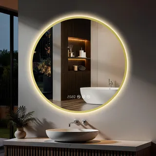 S'AFIELINA LED Badezimmerspiegel Rund Ø80 cm, Goldener Rahmen,3 Lichtfarben, stufenlos dimmbar, Antibeschlag, Uhr & Temperaturanzeige - Transparent