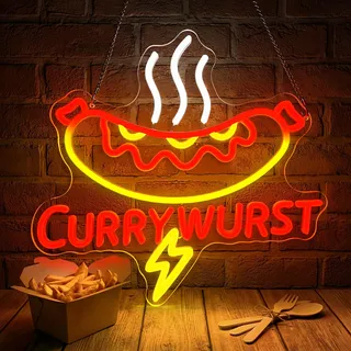 GGAQQ Currywurst Neon schild für Wanddeko, LED Neonlicht Hängeschild USB-Betrieb mit dimmbarem Schalter für Imbiss Snackbar Restaurant (Currywurst)
